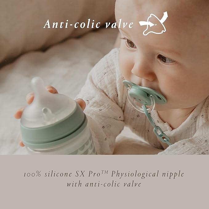 Suavinex Bonhomia Glass Baby Bottle with SX PRO Silicone Nipple, Anti Colic Baby Bottles, Baby Bottles for Breastfed Babies, Slow Flow, 0mo, 4oz, Mint