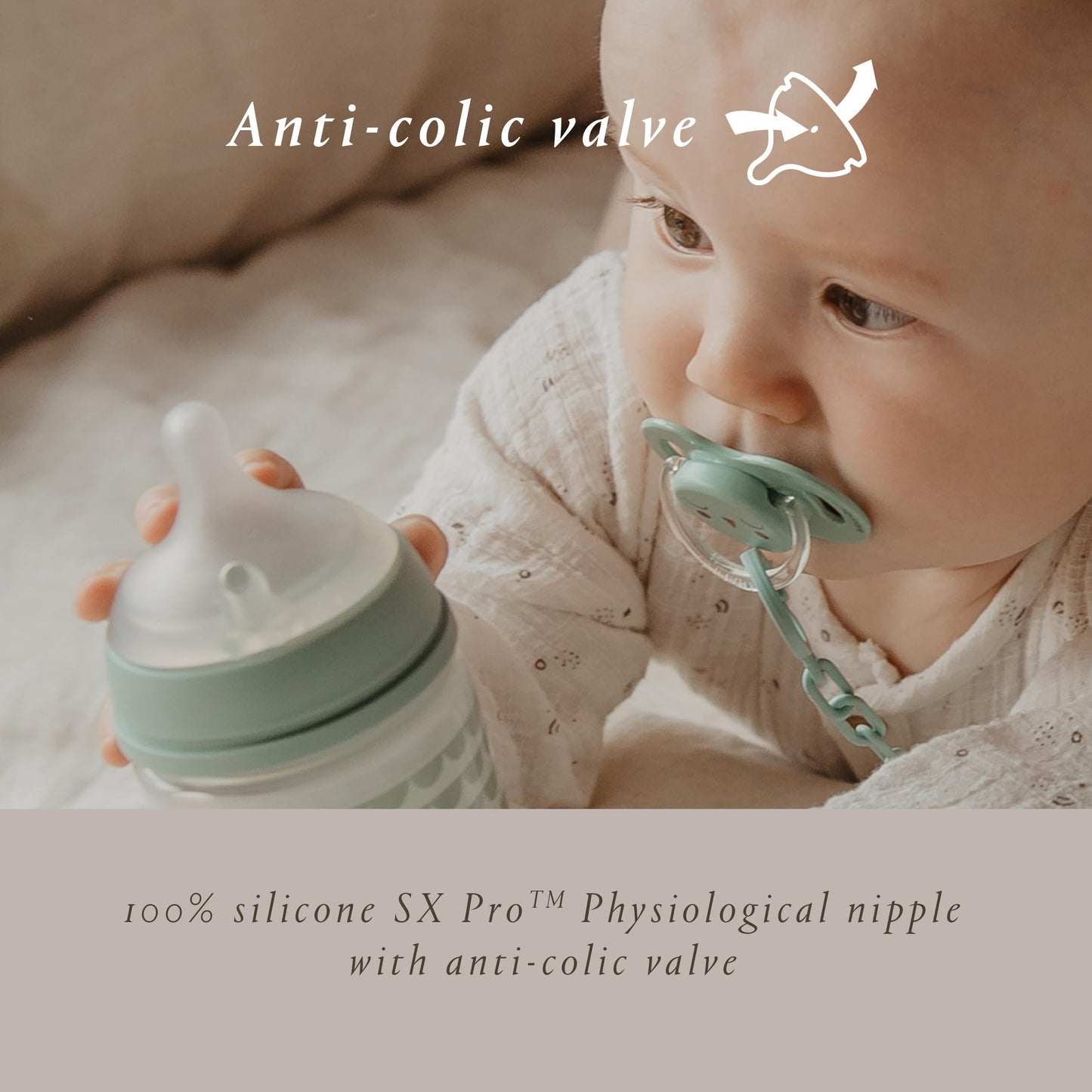 Suavinex Bonhomia Glass Baby Bottle with SX PRO Silicone Nipple, Anti Colic Baby Bottles, Baby Bottles for Breastfed Babies, 3 Pack, Mint/Beige
