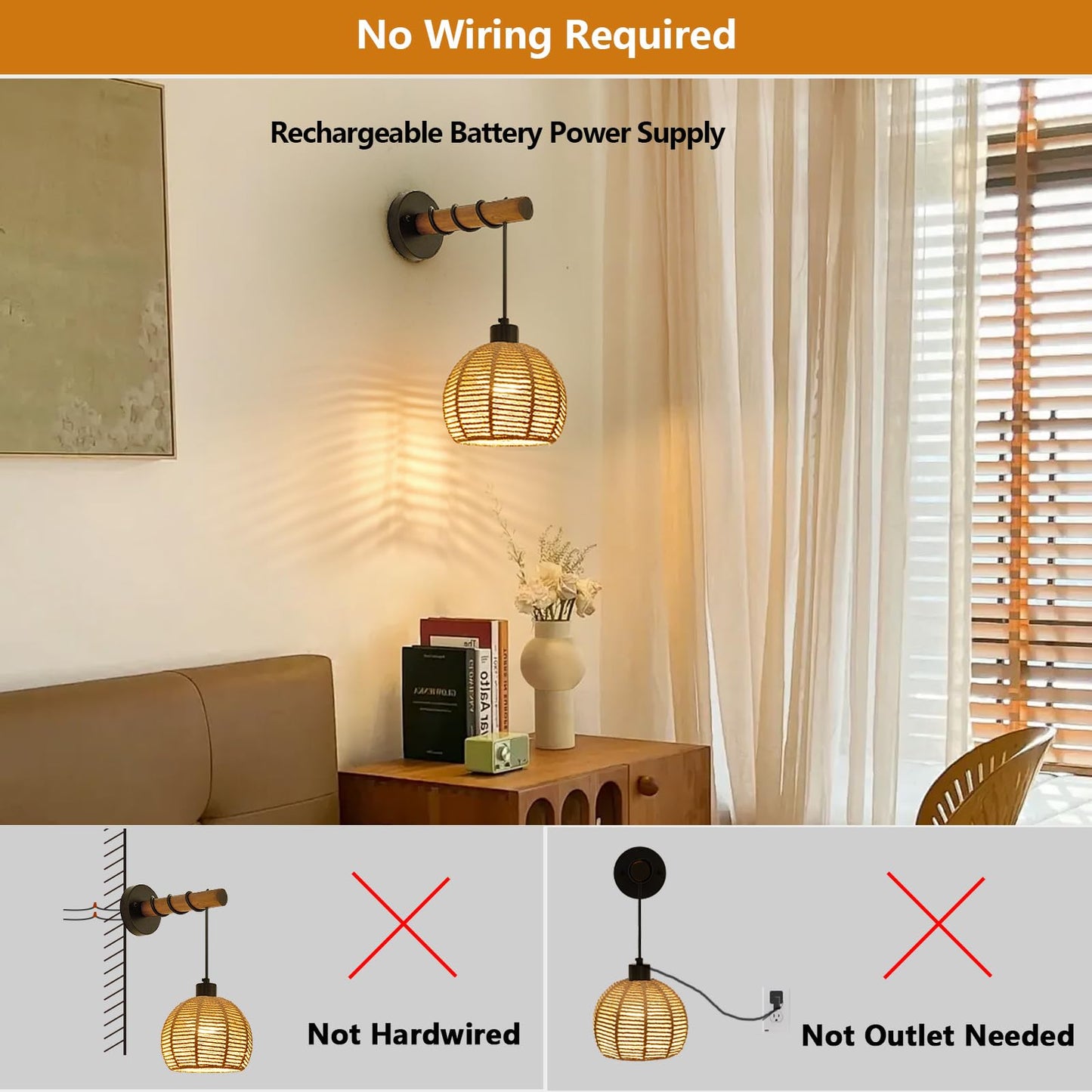SGLfarmty Battery Operated Wall Sconces Set of 2, Dimmable Hemp Rope & Wooden Arm, Rechargeable, Remote Control, Farmhouse Style
