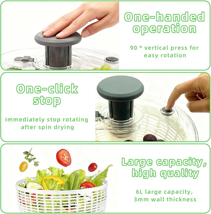 Salad Spinner, Lettuce Spinner with Push-Button Lid and Non-Slip Base, Vegetable & Fruit Washer Bowl, Efficient Spin Dryer and Strainer for Salad Greens and Fruits (6.3QT)