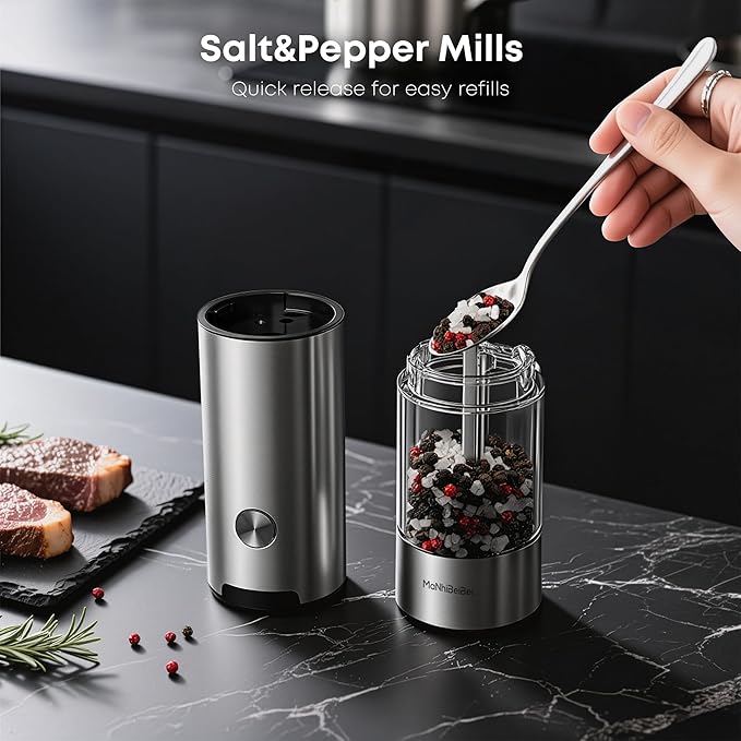 Electric Salt and Pepper Grinder Set One-hand Operated, Adjustable Coarseness, Stainless Steel body Ceramic Burrs,Pepper Shakers Mills with LED Light,House Warming Cooking Gift (2)