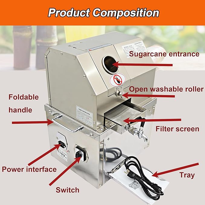 Commercial Sugar Cane Juicer, Electric Sugar Cane Press Machine, 304 Stainless Steel 3-Roller Desktop Sugarcane Juice Extractor with Openable Top Cover for Hotel, Restaurant, Super Market
