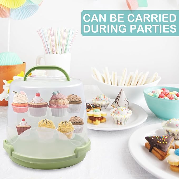 Cake Carrier Round Cake Stand Plus Height Cake Container with Cupcakes Pad, Handle, Lid Reusable Package Box for Transporting Desserts,Pie,Toast,Fruit (10" Pink)