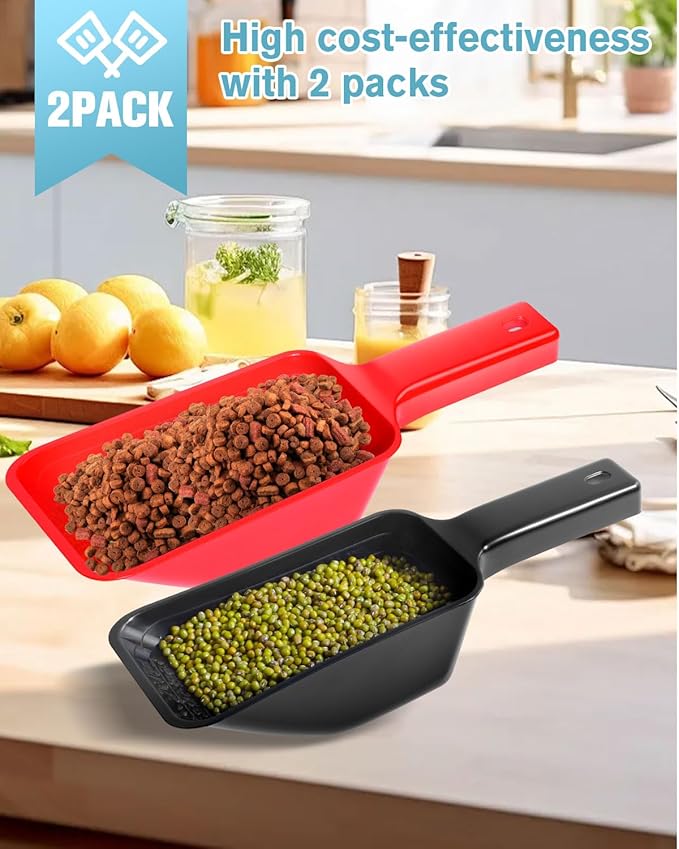 2 Cup Dog Food Scoop(2 Pack), Plastic Pet Food Scoop with Measuring Lines for Accurate Pet Food Portions,Dishwasher Safe (Black and Red)