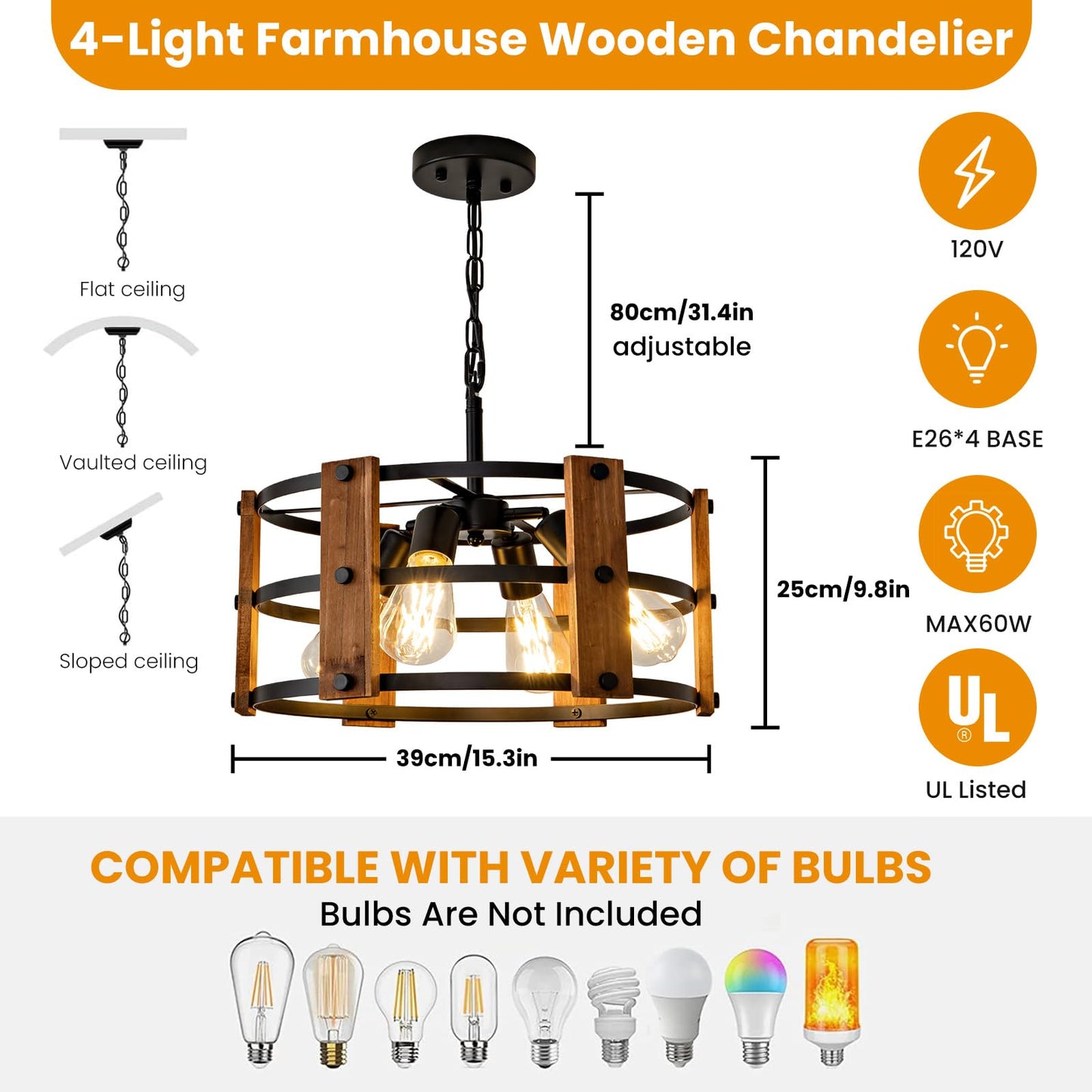 Daoseolo Rustic Farmhouse Chandelier - 4-Light Pendant Fixture, Adjustable Height, Brown Wood, 15.7Inch For Entryway, Kitchen, Living Room