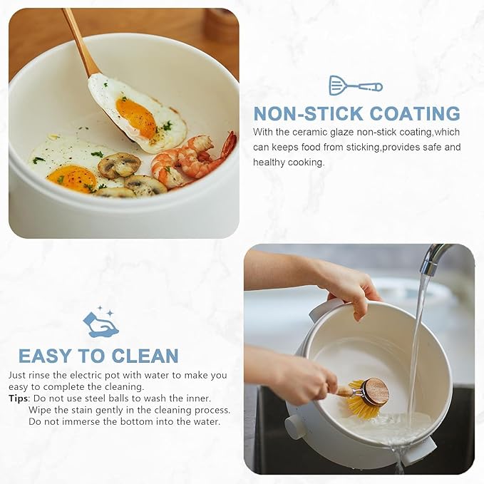 Electric Cooker, 2L Ceramic Glaze Non-stick Pot, Dual Power Multi-functional Electric Cooker, Suitable for Steak, Pasta, Hot Pot, Ramen, Quick Heating and Overheat Protection