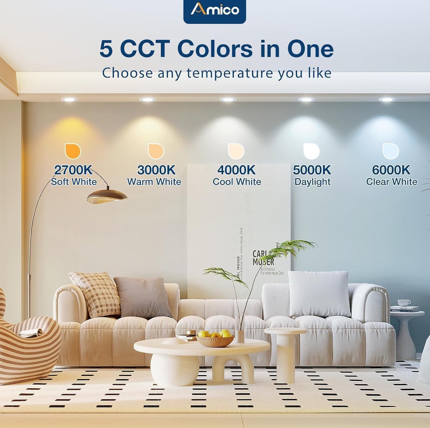 Amico 4 Inch 5Cct Led Recessed Lighting 6 Pack  Dimmable  Ic Rated  8.5W=60W  650Lm Can Lights With Baffle Trim  2700K/3000K/4000K/5000K/6000K Selectable  Retrofit Installation  Etl & Fcc