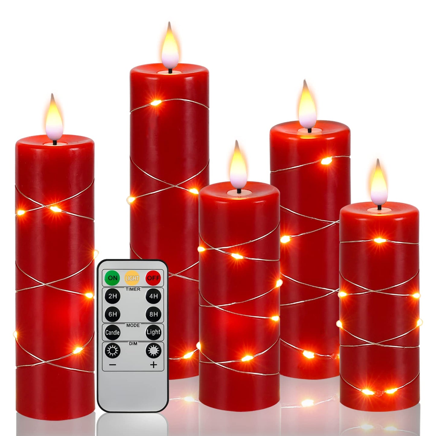 Red Flameless Candle with Remote Control LED Candle with String Lights Battery Powered Flameless Candle4'' 5'' 6'' 7'' 8'' Candles of 5 Pcs