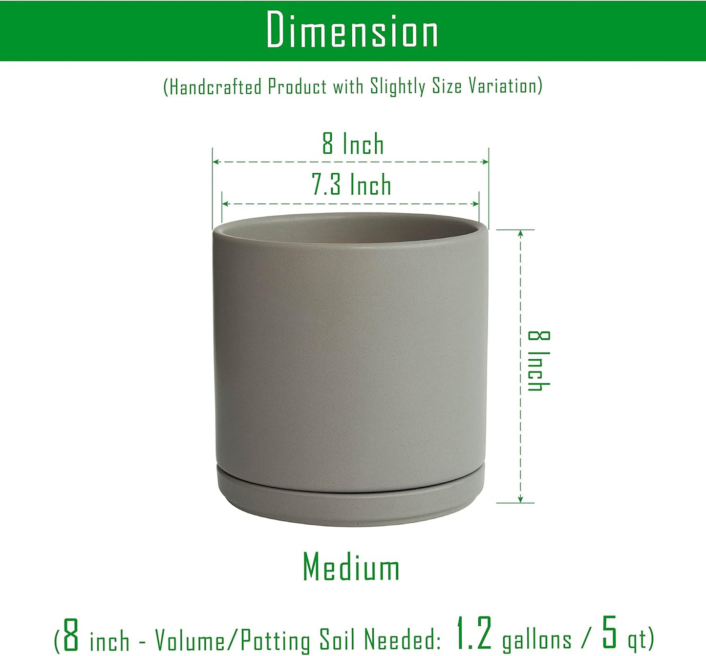 Set of 2 Plants Pots, 8 Inch Ceramic Planter Pot for Plants with Drainage Hole and Saucer, Speckled Grey, 94-V-D-3