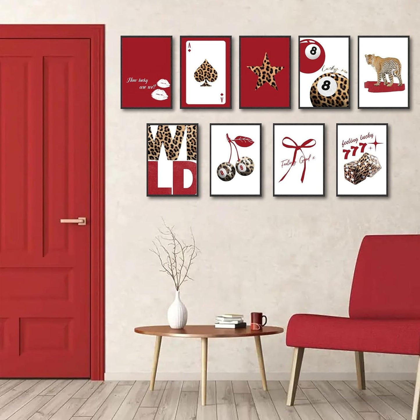 9Pcs Trendy Red Leopard Wall Art Prints Funky Lucky 8 Ball Posters Preppy Cheetah Aesthetic Wall Decor Pictures Girly Bedroom Apartment Dorm Unframed 8x10in