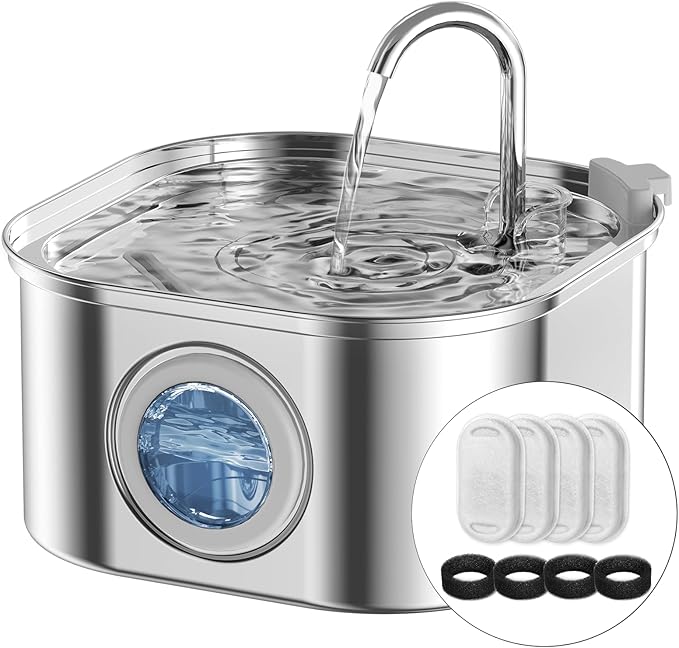 NautyPaws Cat Water Fountain Stainless Steel: 108oz/3.2L Automatic Pet Water Fountain - Dog Water Dispenser with Water Lev...