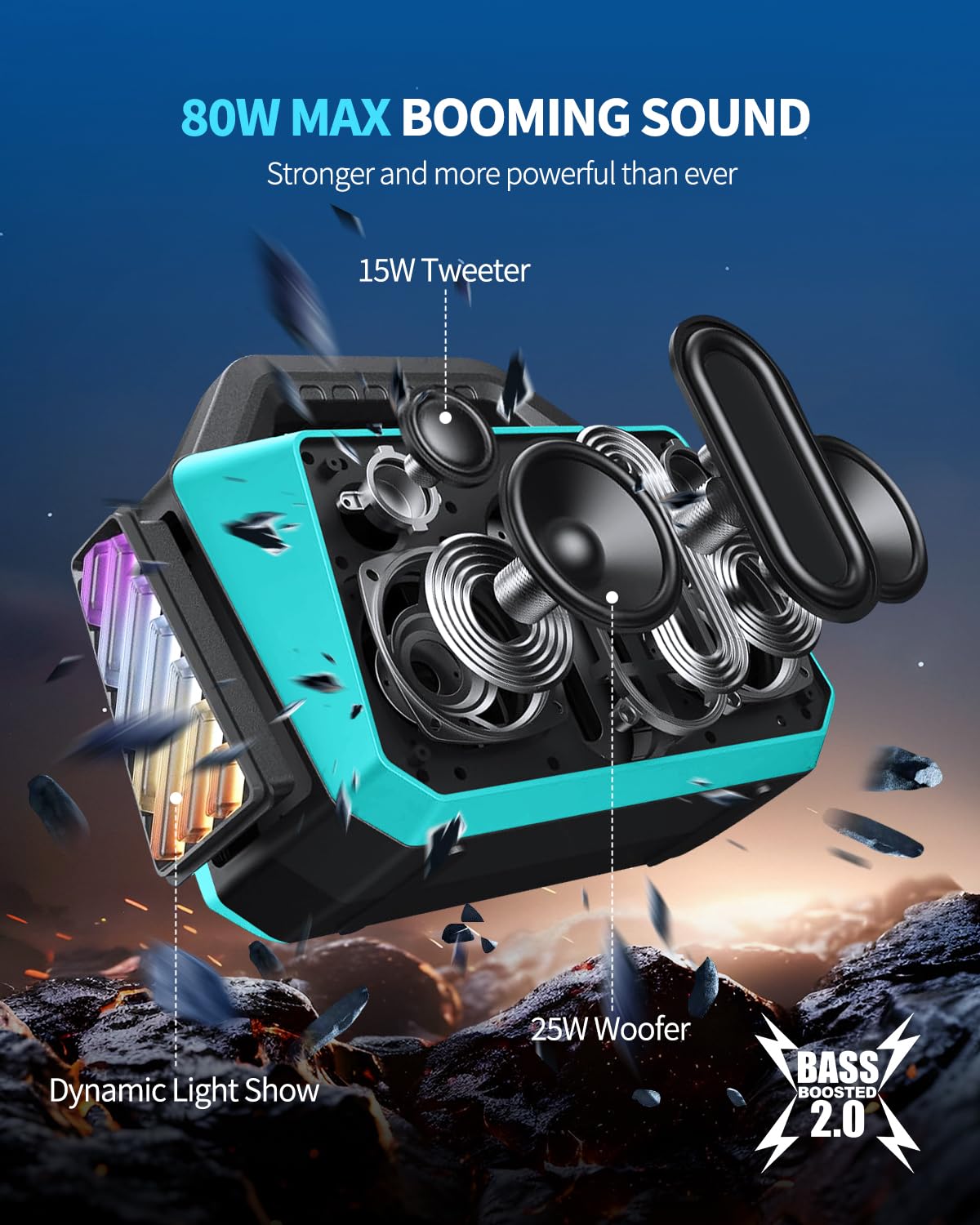 Tpwin Powerful 80W Outdoor Bluetooth Speaker: Ipx6 Waterproof, Rugged, 20H Playtime, Deep Bass, Lightshow, Tws, Bt 5.3 Wireless,