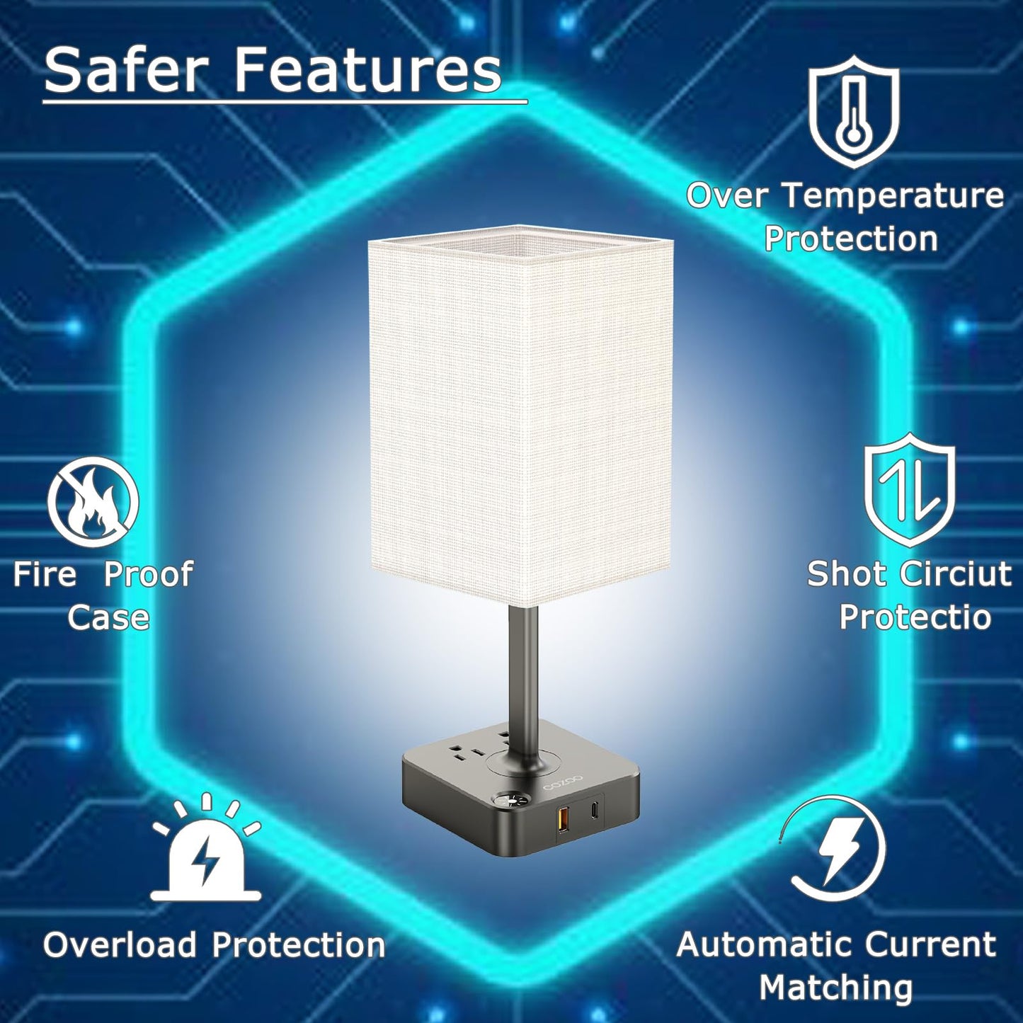 Cozoo Usb Bedside Table & Desk Lamp, 3 Usb Ports, 2 Outlets, Large White Fabric Shade, Model Mc003