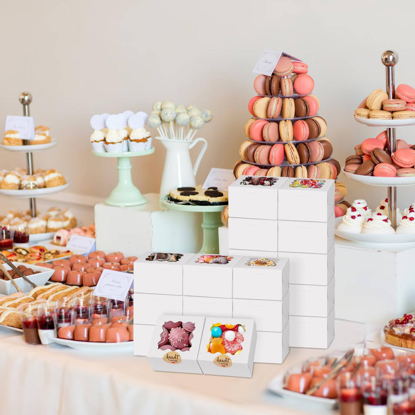 WINKIO 24pcs White Cookie Boxes, 4x4x2.5 Inches Bakery Boxes with Window, for Mini Cake Treat Dessert Pastry Donuts Macaroon Strawberries Chocolate Candy (with Stickers)