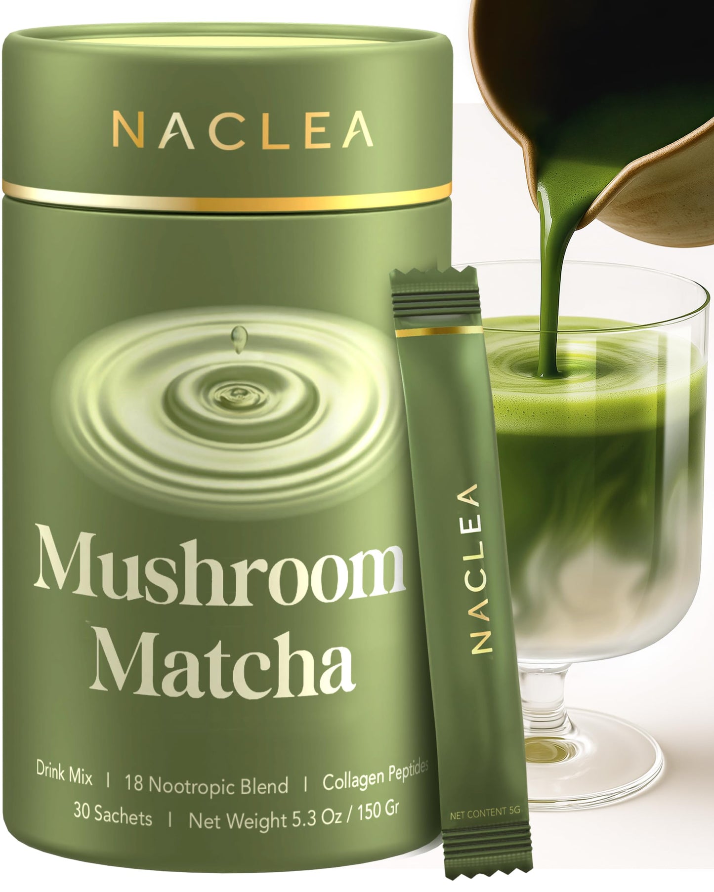 NACLEA Mushroom Matcha Powder - Sugar-Free Japanese Ceremonial Green Tea with 18 Superfood Mushrooms and Hydrolyzed Collagen - Coffee Alternative Caffeine Free - 30 Sachets