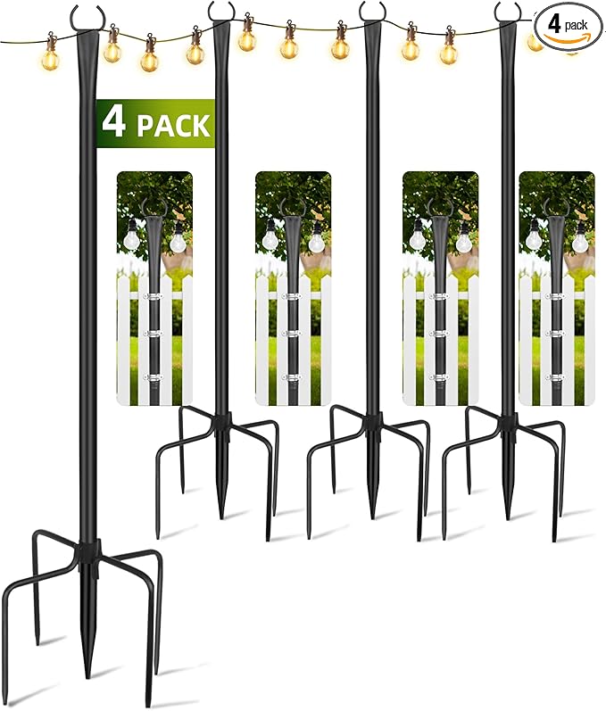 LRYXEG String Light Poles for Outside 4 Pack, 10ft Metal Outdoor String Light Poles for Deck - Ideal for Patio, Garden, Ya...
