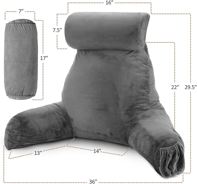 Nestl Reading Pillow Large Bed Pillow, Back Pillow for Sitting in Bed Shredded Memory Foam Chair Pillow, Reading & Bed Rest Pillows Grey Back Pillow for Bed, Bed Chair Arm Pillow with Pockets