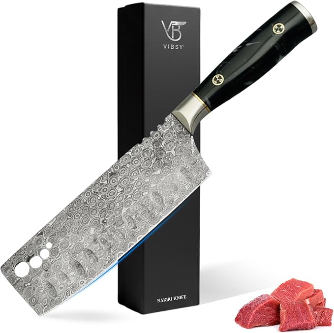 Hand-Forged Damascus 7" Nakiri Knife – Japanese-Style Vegetable Cutter with 133-Layer Blade, Hollow Edge & Herb-Stripping Holes – Premium Damascus Chef Knife