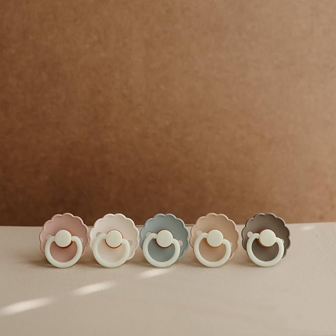 FRIGG Daisy Night Natural Rubber Baby Pacifier | Made in Denmark | BPA-Free (Portobello/Croissant, 0-6 Months) 2-Pack