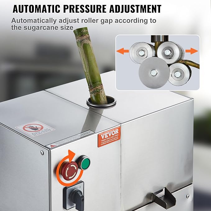 VEVOR Electric Sugar Cane Juicer, 800W Sugarcane Juicer Machine with 661LBS/H High Output, 4 Stainless Steel Roller, Auto Roller Pressure Adjustment Sugarcane Juice Press Extractor for Home/Commercial