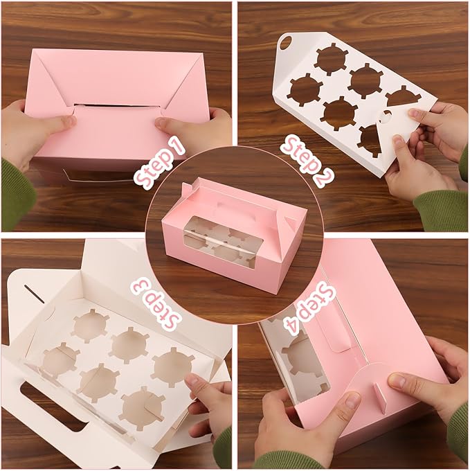 FORBFAN 50 Pcs Cupcake Boxes with Handles, 6 Count Muffin Boxes with Window, and Inserts, Cupcake Holders Bakery Carrier Boxes for Cookies Treats Dessert