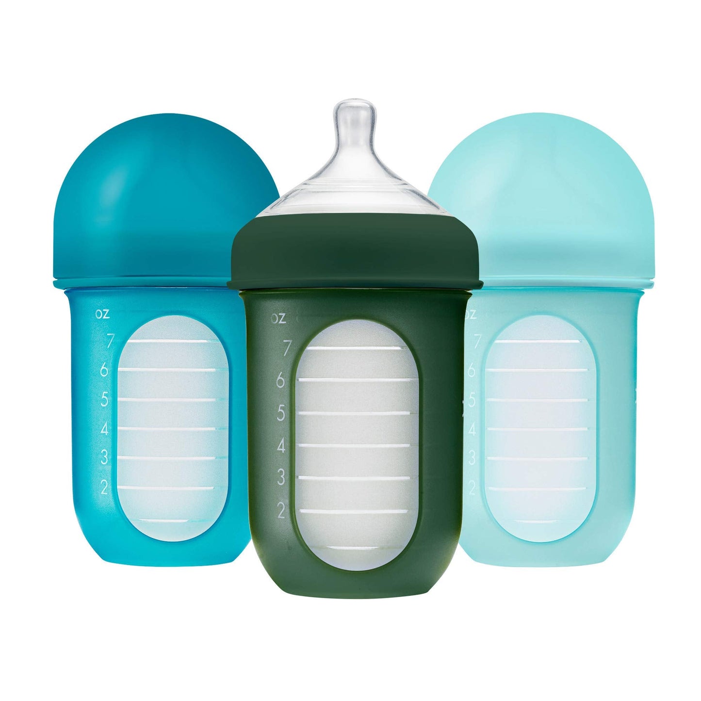 Boon Nursh Reusable Silicone Baby Bottles with Conversion Straw Sippy Cup Lids - Stage 2 Medium Flow Nipples - Blue - 8 Oz - 3 Count