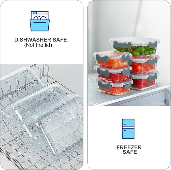 KOMUEE 10 Pack Glass Food Storage Containers, Meal Prep Containers with Lids, Airtight Glass Lunch Boxes, Freezer, Oven, and Microwave Safe