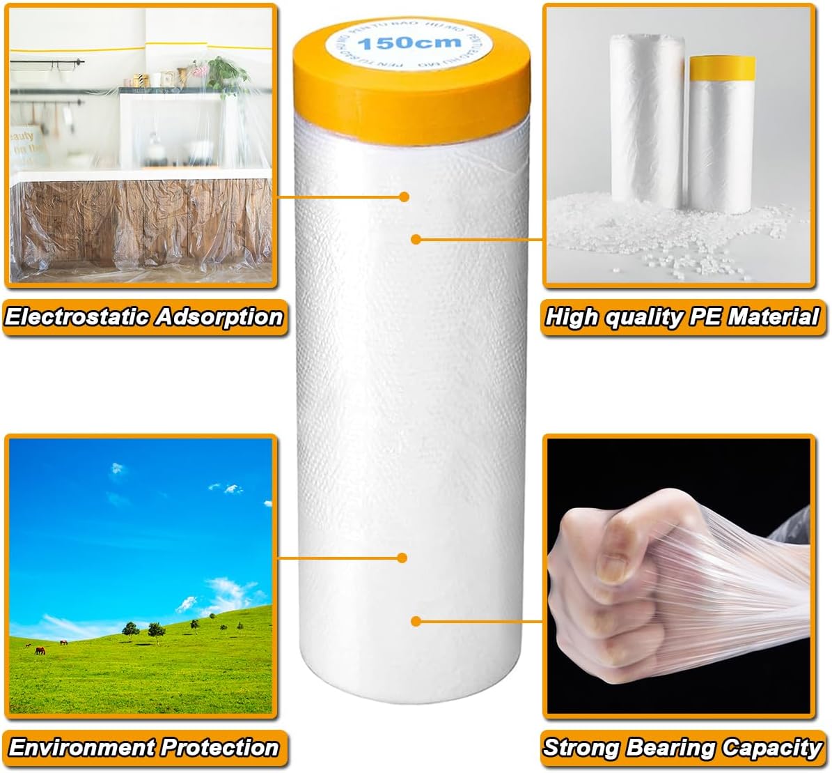 3 Pack Protective Masking Film with Tape 5 x 65 Ft Car Painters Plastic Sheeting Roll Tape and Drape Masking Film for Automotive Painting Covering Frames, Furniture, Auto Body