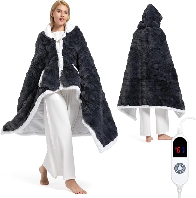 Wearable Heated Blanket Hoodie, Luxury Faux Fur & Sherpa Electric Throw Blanket, Heated Shawl Wraps Poncho with Pockets fo...