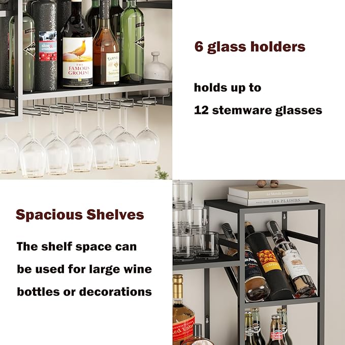 Wall Mounted Wine Rack, Multi Functional Bar Shelves for Liquor Bottles with Glass Holder, Modern Metal Bar Shelves Wall Mounted for Home Bar, Kitchen