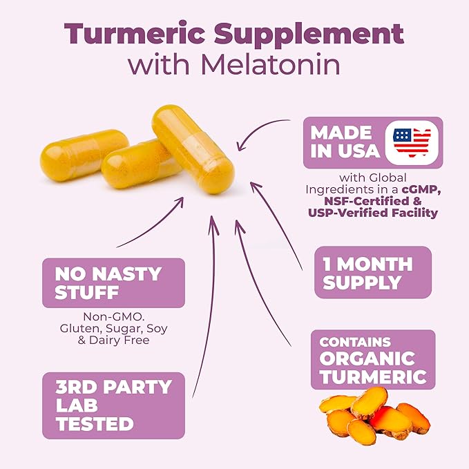 Turmeric Supplement - Turmeric Curcumin with Black Pepper, Melatonin 3mg & Valerian. Natural Sleep Aid for Adults with L-Theanine, Ginger, Valerian Root Capsules. Aids Relaxation and Mood. 2 Pack