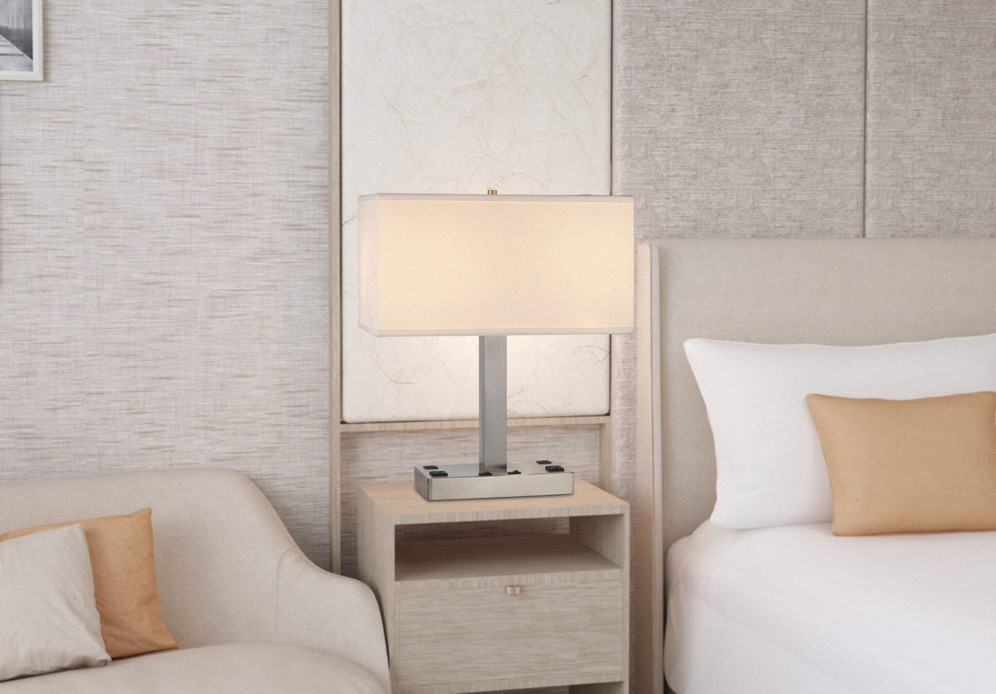 Homeroots 21 In. Nickel Metal Desk Lamp With Usb And White Rectangle Shade, Model 524760