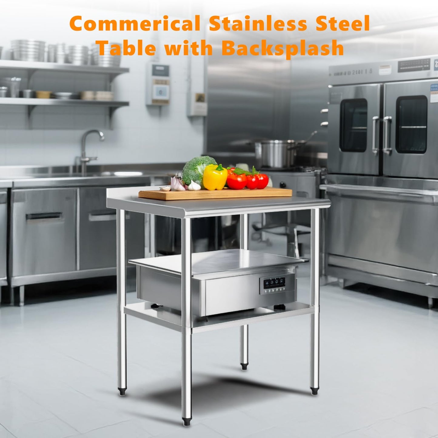 ROVSUN 30'' x 24'' Stainless Steel Table for Prep & Work,Commercial Worktables & Workstations, NSF Heavy Dut Metal Table with Adjustable UnderShelf & Backsplash for Kitchen, Restaurant,Home,Hotel