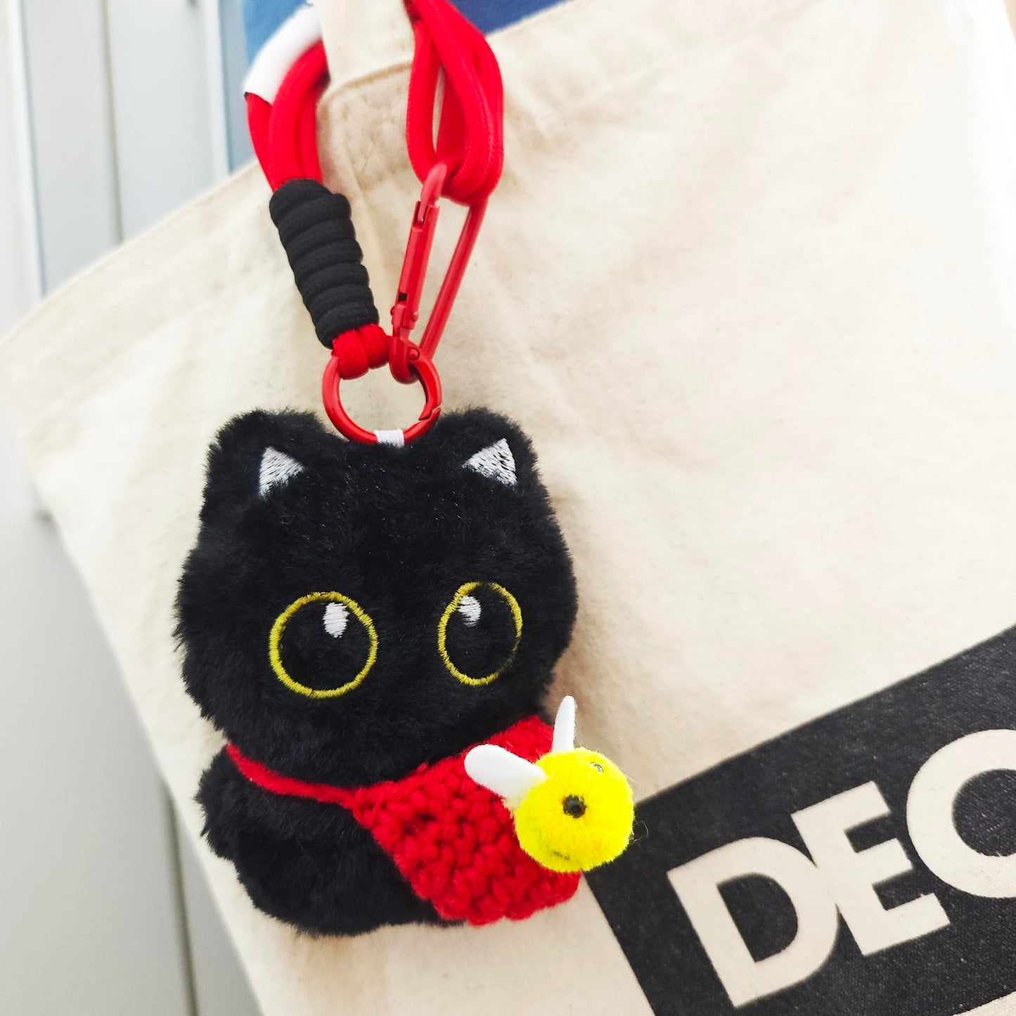 QUIBBLY Black Cat Keychain, Plush Cute Pendant for Handbags, Backpacks, Wallet with Detachable Bag DIY Trinket Gifts (Blue)