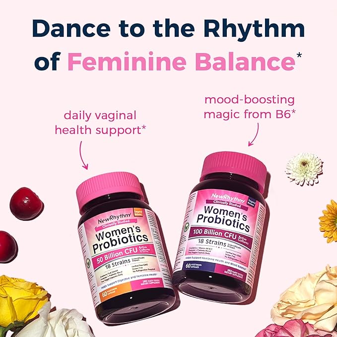 NewRhythm Women's Probiotics, Organic Cranberry for Women's Vaginal Health, 50 Billion CFU 18 Strains, Probiotics and Prebiotics, Support Digestive Health, 60 Vegan Capsules