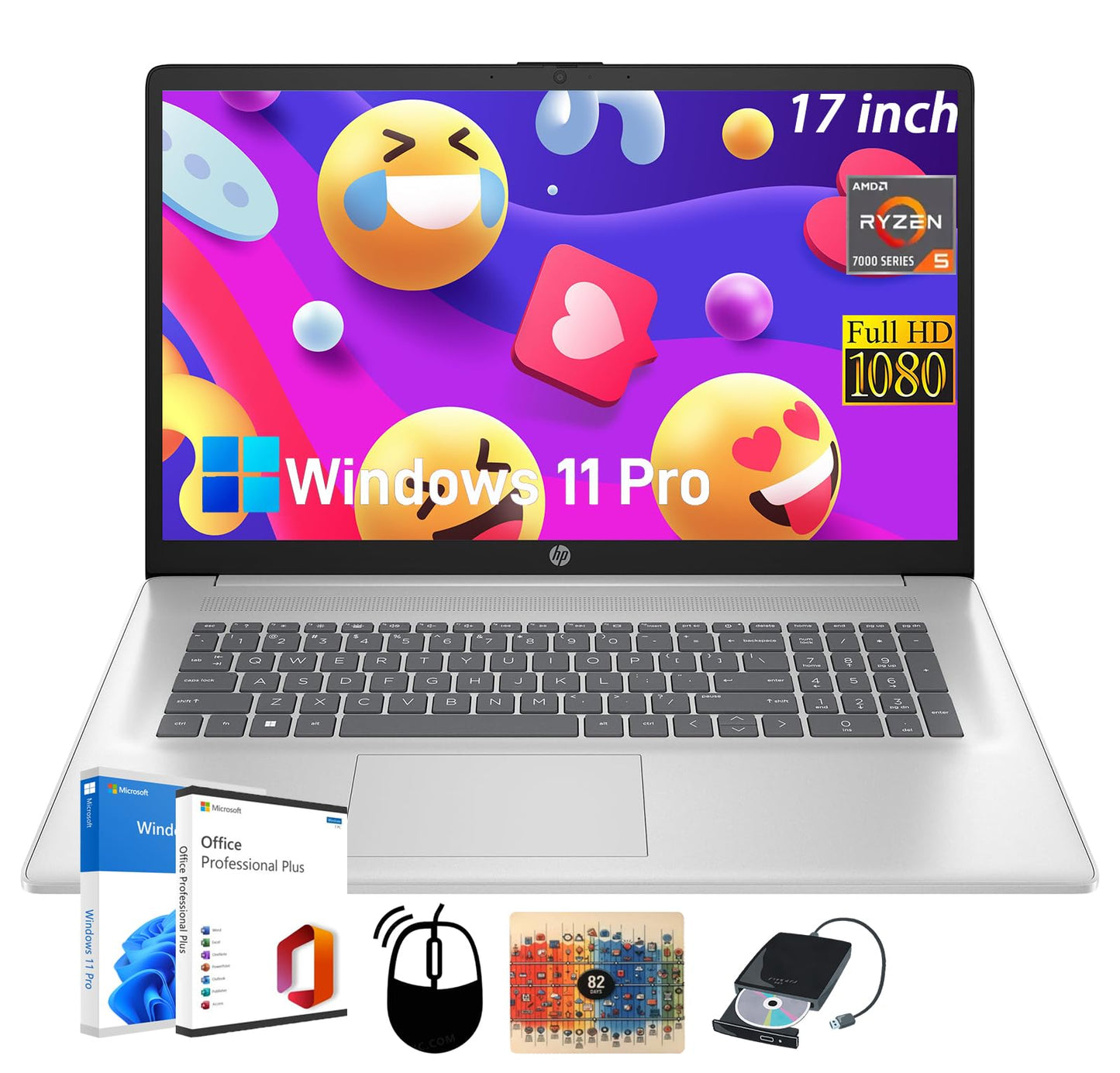 Hp 17 Inch Business Laptop Computer - Office Lifetime, 17.3 Fhd+ Display, Amd Ryzen 5 7430U(Beats I7), Amd Radeon Graphics, Wind