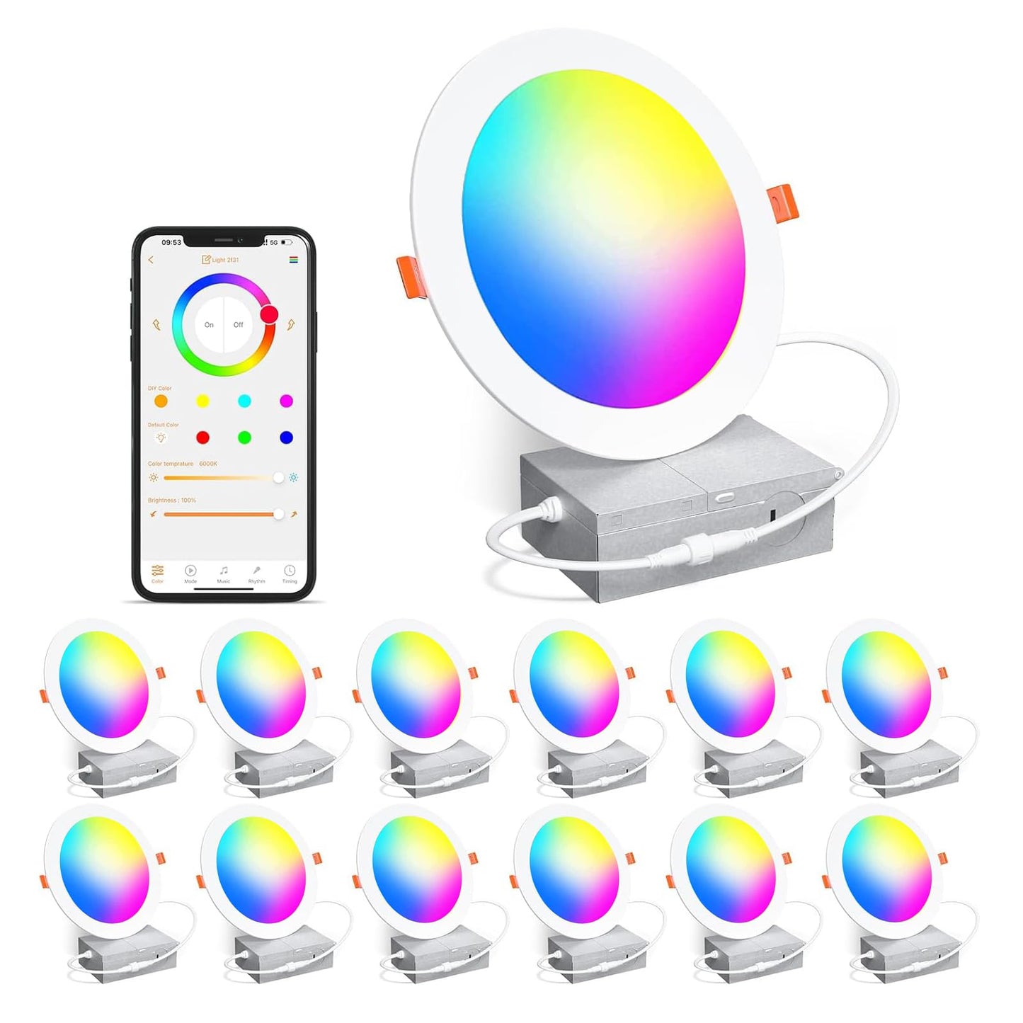 Smart Recessed Lighting 4 Inch RGBCW Color Changing 12W Recessed Ceiling Light with Junction Box,1080LM Canless LED Downlight Compatible with Alexa,Dimmable by Bluetooth Control -12Pack