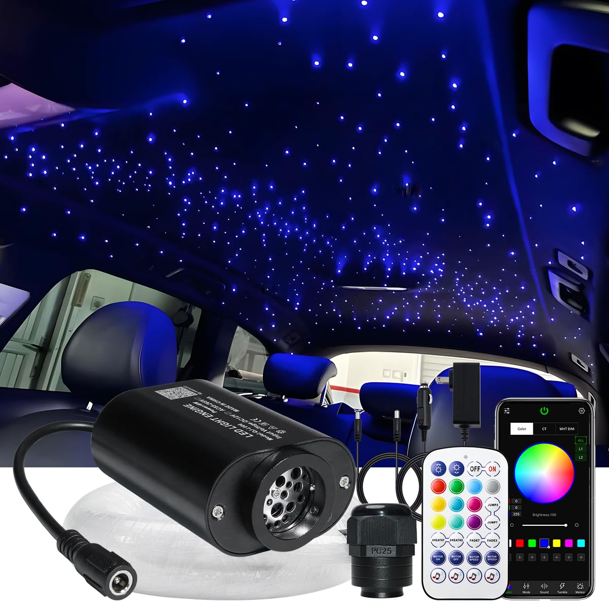 AZIMOM Mini Fiber Optic Starlight Headliner Kit, 415pcs, 0.03in+0.04in+0.06in, 9.8ft, Sound