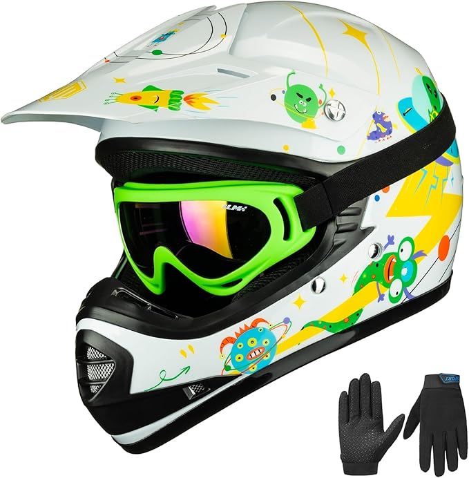 ILM Youth Kids ATV Motocross Helmet Goggles Sports Gloves Dirt Bike Motorcycle Off Road DOT Approved B07(Youth-M, Alien Wh...