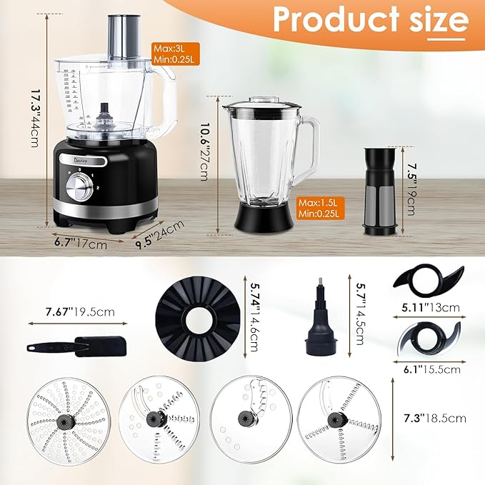 Davivy 16 Cup Food Processor & Blender Combo – 10-in-1 Multifunction 3.8L Processor with 6 Cup (50oz) Glass Blender, 2 Speeds + Pulse, Vegetable Chopper & Meat Grinder for Home Use, Black