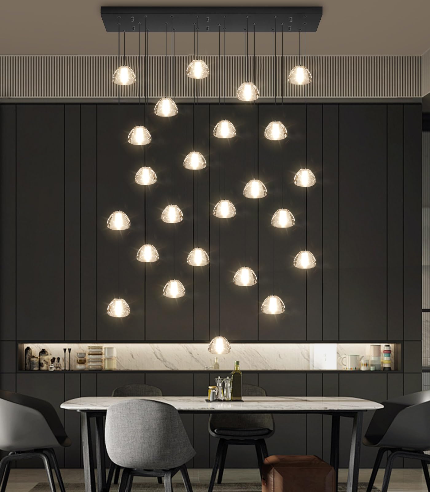 Dolria 24-Lights Modern Rectangular Crystal Chandelier Led Raindrop Ceiling Pendant Light Crystal Lighting Fixture For Living Room Hotel Staircase Hallway Foyer Entryway Bedroom Black