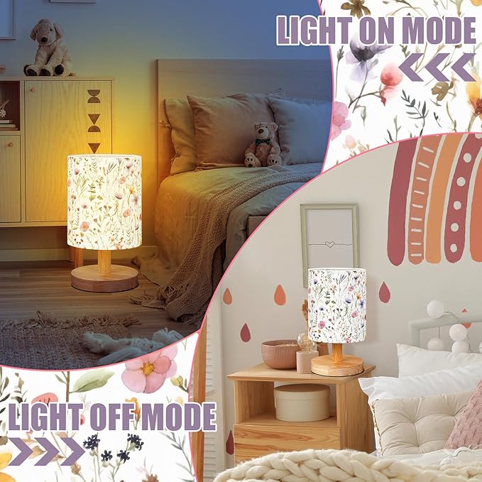 VIHOSE Wildflower Kids Table Lamp for Bedroom Kids Bedside Lamp with Linen Wooden Nightstand Cartoon Nursery Lampshade for Girls Boys Living Room