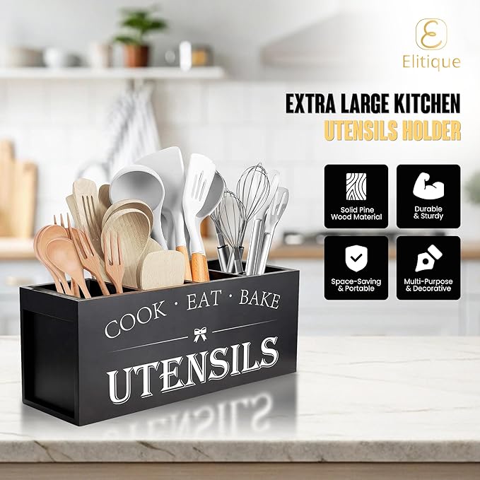 Kitchen Utensil Holder For Countertop With 4 Compartments - Kitchen Organizer Countertop, Extra Large Utensil Holder, Cooking Utensils Holder - Black