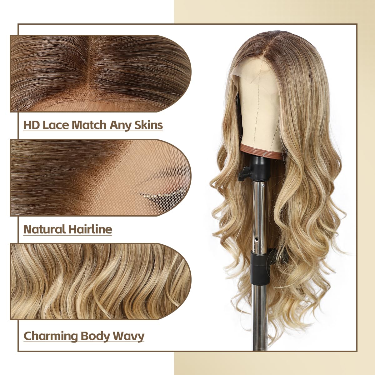 BABEHERS Blonde Lace Front Wig for Women 13x4 Body Wave Synthetic Wigs Omber Highlight Pre-plucked Long Wavy 150% Density Natura