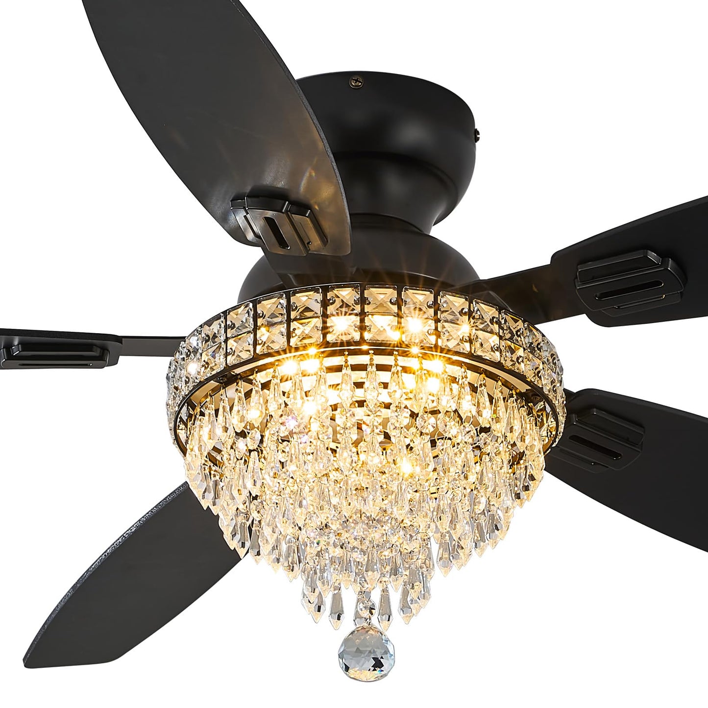 Fanyank Crystal Ceiling Fan with Lights, 50in Low Profile, Remote Control, Iron, Black