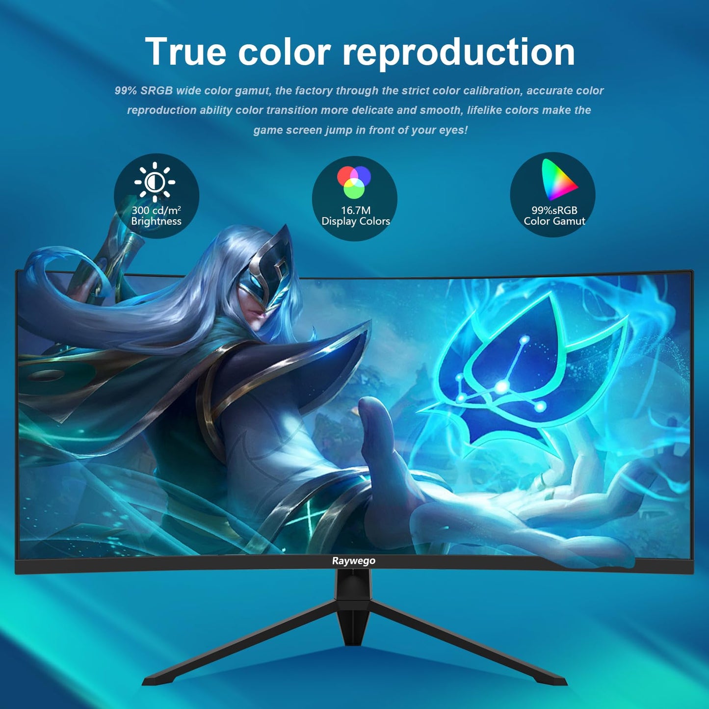 Raywego 34 inch Ultrawide Curved Computer Gaming Monitor 165Hz UWQHD 3440x1440,1500R -PIP,1ms (MPRT),HDR, 300nits, sRGB99%,FreeSync,HDMI2.0(TMDS) x2,DP1.4 x2,Eye Care,Support Wallmount