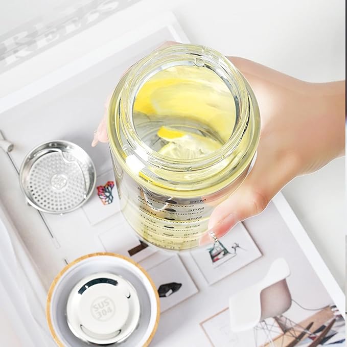 25oz Glass Water Bottle with Time Marker, Leak-Proof,With stainless steel tea strainer, BPA-Free Reusable Hot and Cold Beverages for Office, Gym, Travel