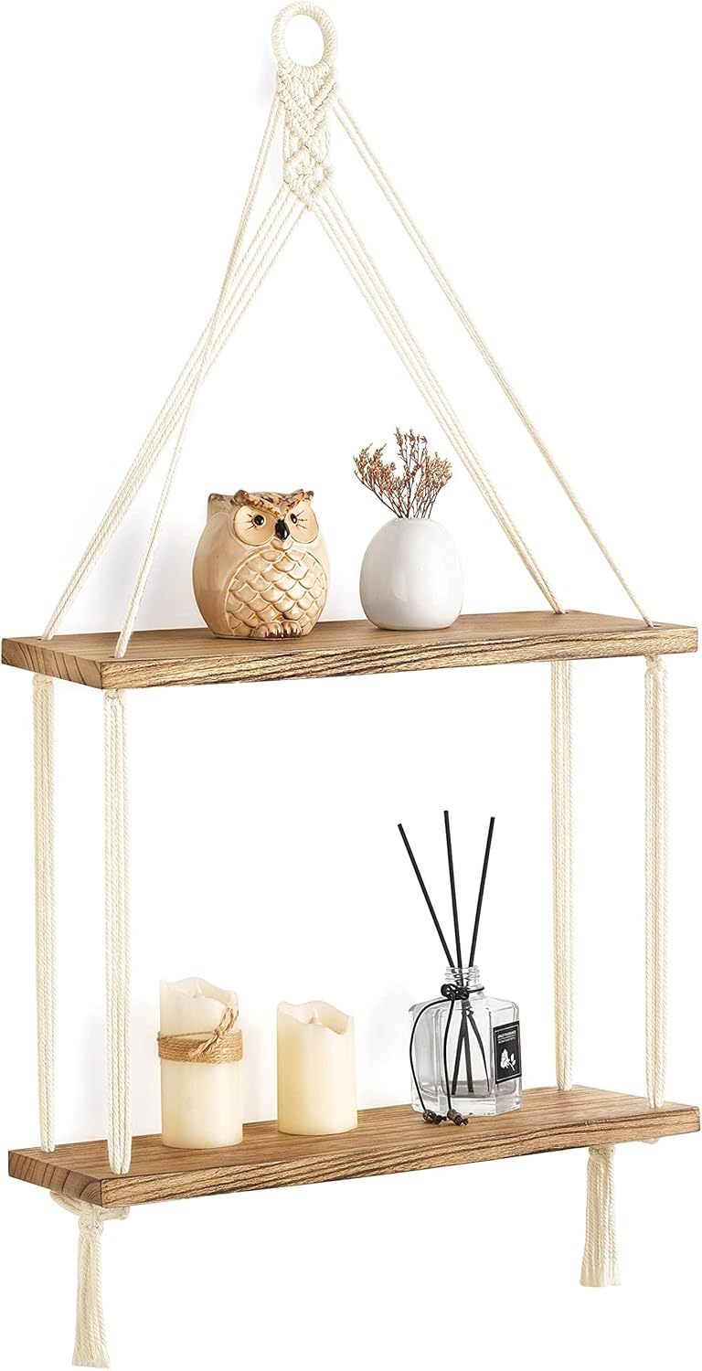 Mkono Macrame Hanging Shelf Boho Wall Decor 2 Tier Handmade Cotton Rope Rustic Wood Floating Shelves Display Photos Plants Hanging Storage Shelving for Living Room Nursery Bathroom Bedroom