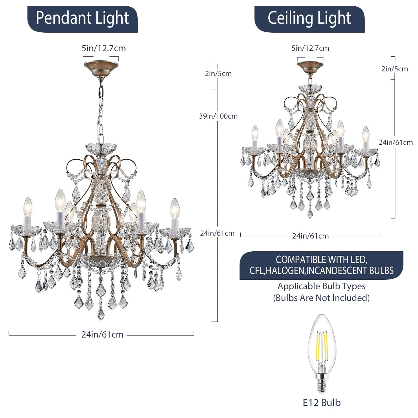 Bestier Antique Silver Candle Chandelier, Crystal Lighting Fixture for Dining Room, 6 E12 Bulbs, D24in x H26in
