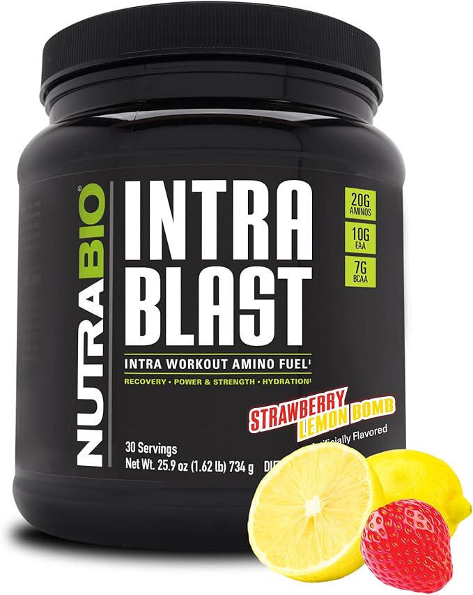 NutraBio Intra Blast Bcaa Powder Amino Acid Supplement, Electrolyte & Hydration Blend, Intra, Pre Workout & Muscle Recovery, 20g Eaa Amino Acids Powder, 5g Glutamine- Strawberry Lemon Bomb, 30 Serving